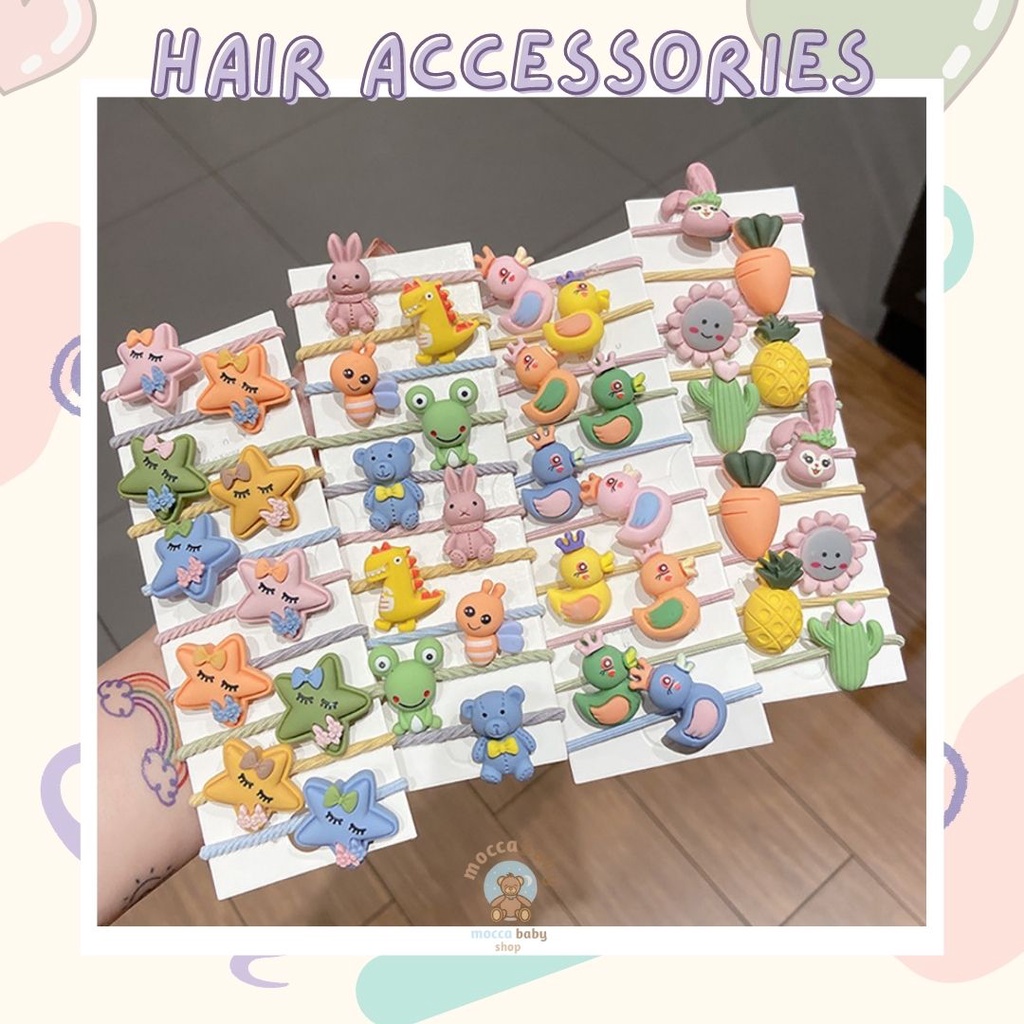 MBSS -  IKAT ORENJI 10PCS / Set Ikatan Rambut Anak Icon Karakter Import / Ikat Rambut Anak Karet Motif Karakter