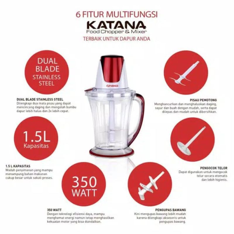 Niko Food Chopper and Mixer Premium Katana Series 3 In 1 1,5 Liter Garansi Resmi Pelumat Daging