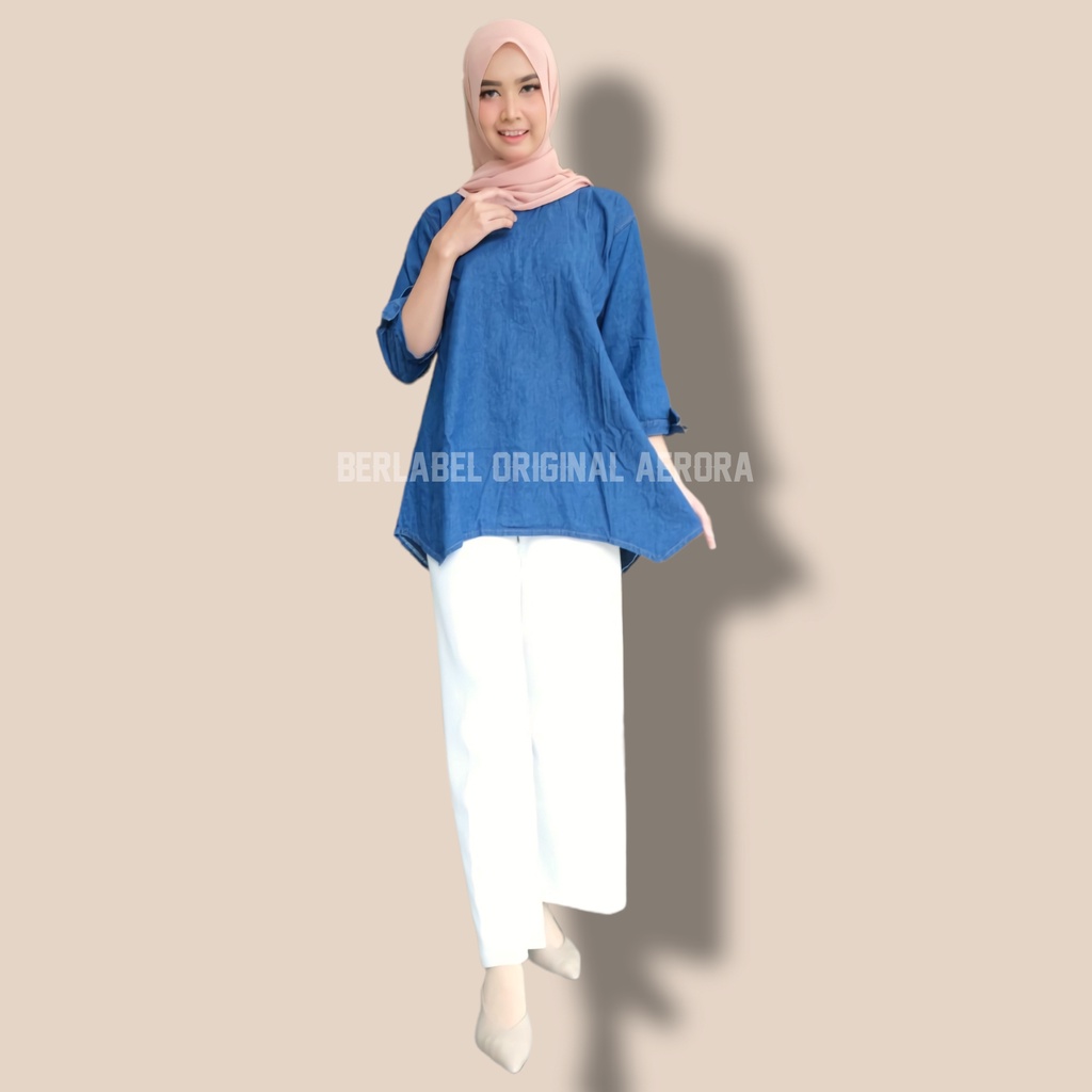 Baju Atasan Tunik Jeans Jins Denim Jumbo Wanita Terbaru 2022 Lengan Tali Pita Premium Kekinian Ld 120 P 75 Liona Allsize