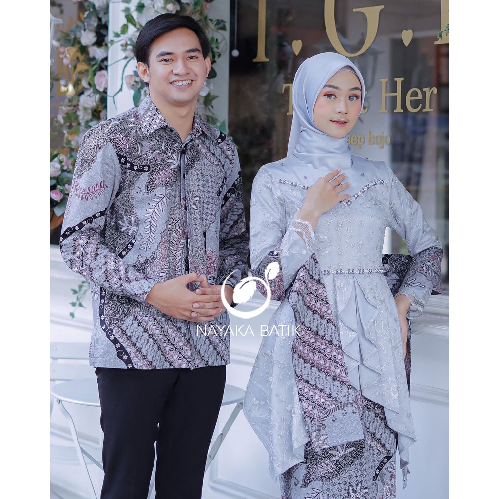 Nayaka Batik - Batik Couple Azkia Tulle Mutiara - Set Kebaya Kondangan Kekinian - Couple Kebaya Lamaran Tunangan - Seragam Bridesmaid - Couple Batik Kebaya Laffeya