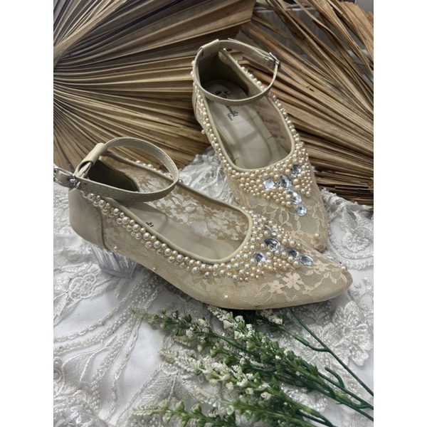 sepatu wedding wanita sayfira cream tali 5cm kaca