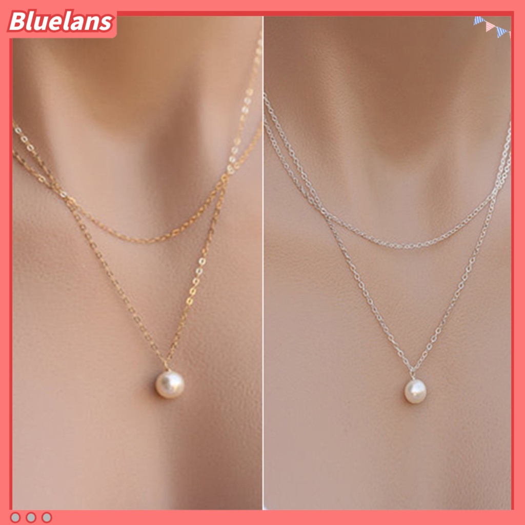 Bluelans Kalung Rantai Liontin Mutiara Tiruan Lapisan Ganda Tahan Aus Untuk Pesta Wanita