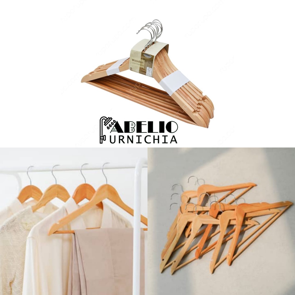 Set Hanger Kayu 8 Pcs - Cokelat / HANGER INFORMA / GANTUNGAN BAJU / KASTOK BAJU / WOOD CLOTH HANGERS (8) NATURAL