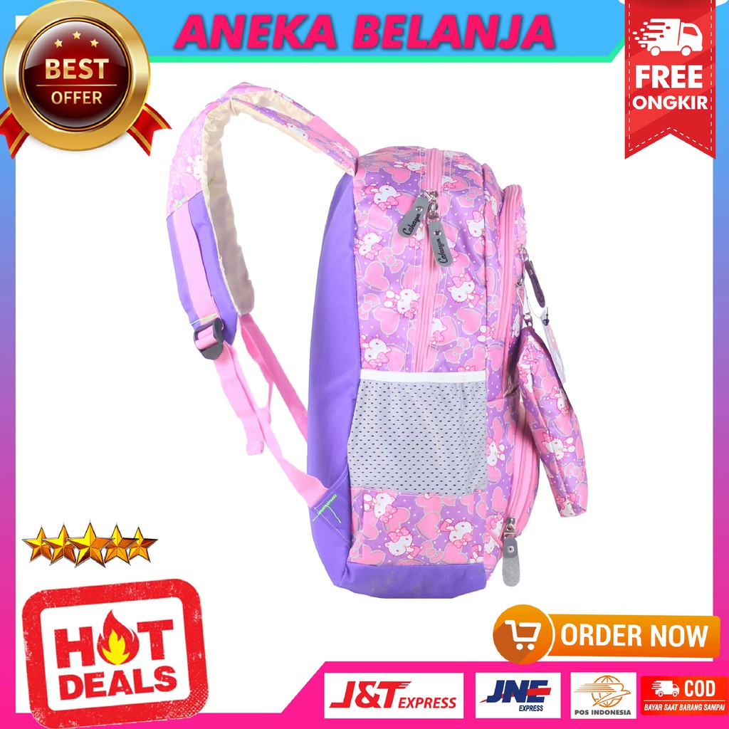 PROMO HARGA 61.999 Tas Sekolah Anak Perempuan Motif Cahaya Hello Kitty Pink Ungu Terbaru Ransel Anak Cewek TK SD SMP Stylish Free Raincover Dan Free Tempat Pensil Murah Kekinian Tas Gendong Anak Fashionable Ngaji LES TPQ  Bahan Tebal Kuat Berkualitas