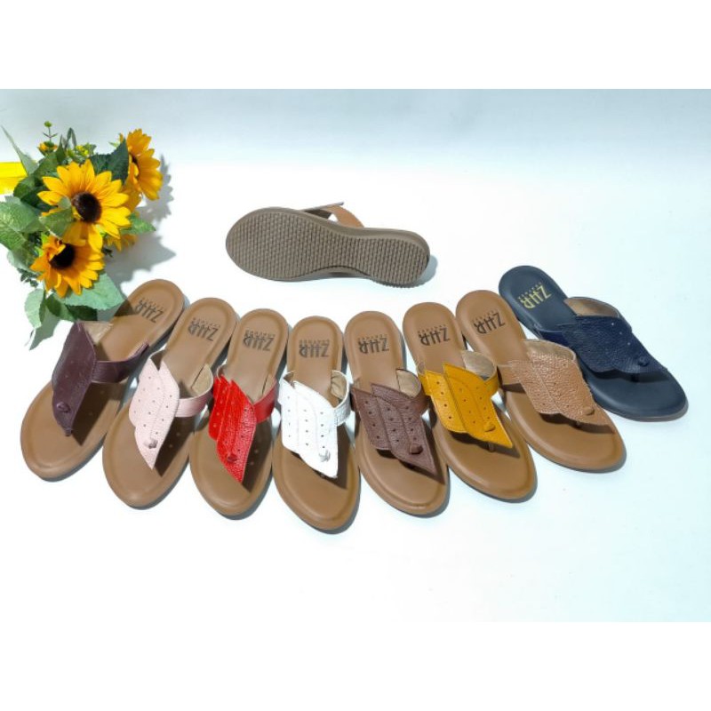 SENDAL TEPLEK MODEL DAUN MERK ZHR BAHAN KULIT ASLI