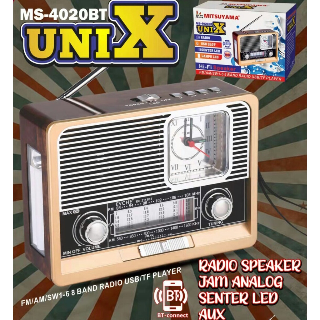 Radio Speaker Jam Analog MITSUYAMA MS-4020BT UNIX PLUS SENTER LED RADIO MITSUYAMA