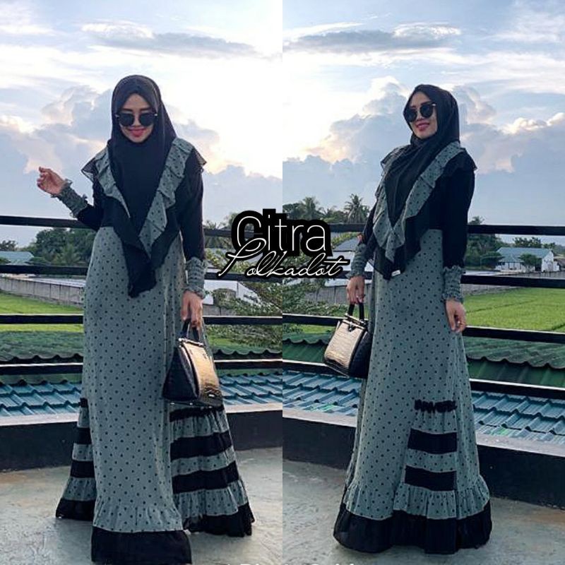 CITRA POLKA DARK GREEN BY ALDISA GAMIS SYARI MOTIF POLKADOT GAMIS SYARI PREMIUM SET SYAR'I TERBARU