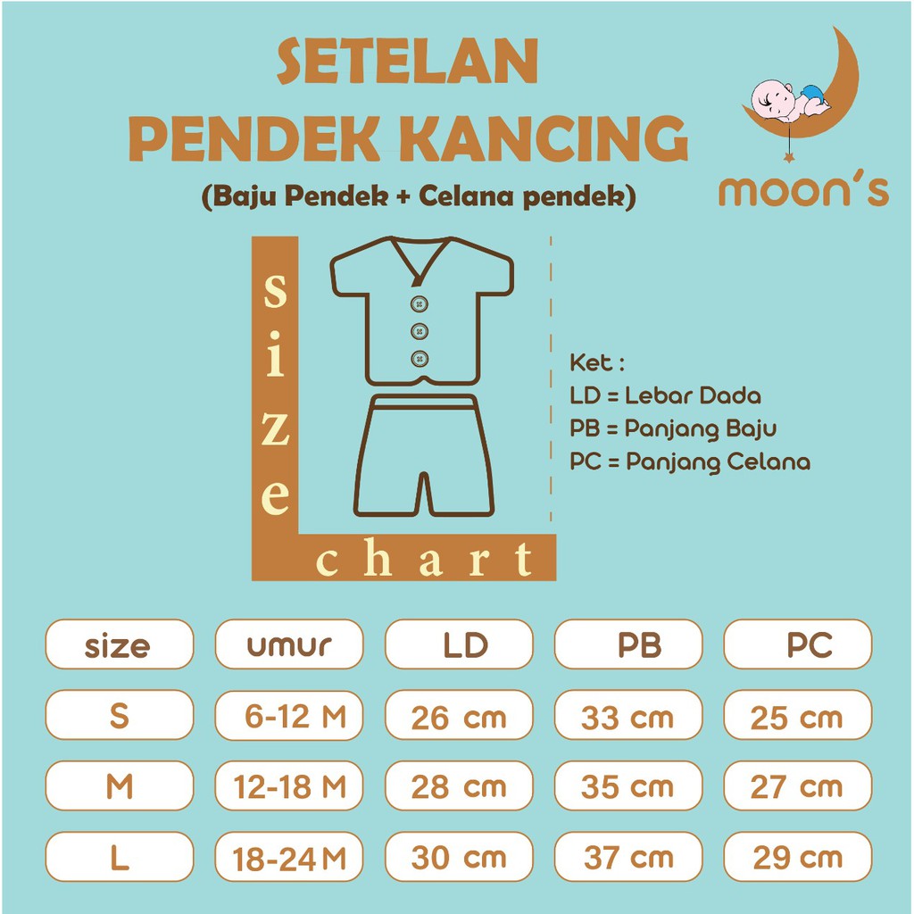 STELAN PENDEK KANCING DEPAN MOONS/STELAN PENDEK BAYI/PIYAMA BAYI