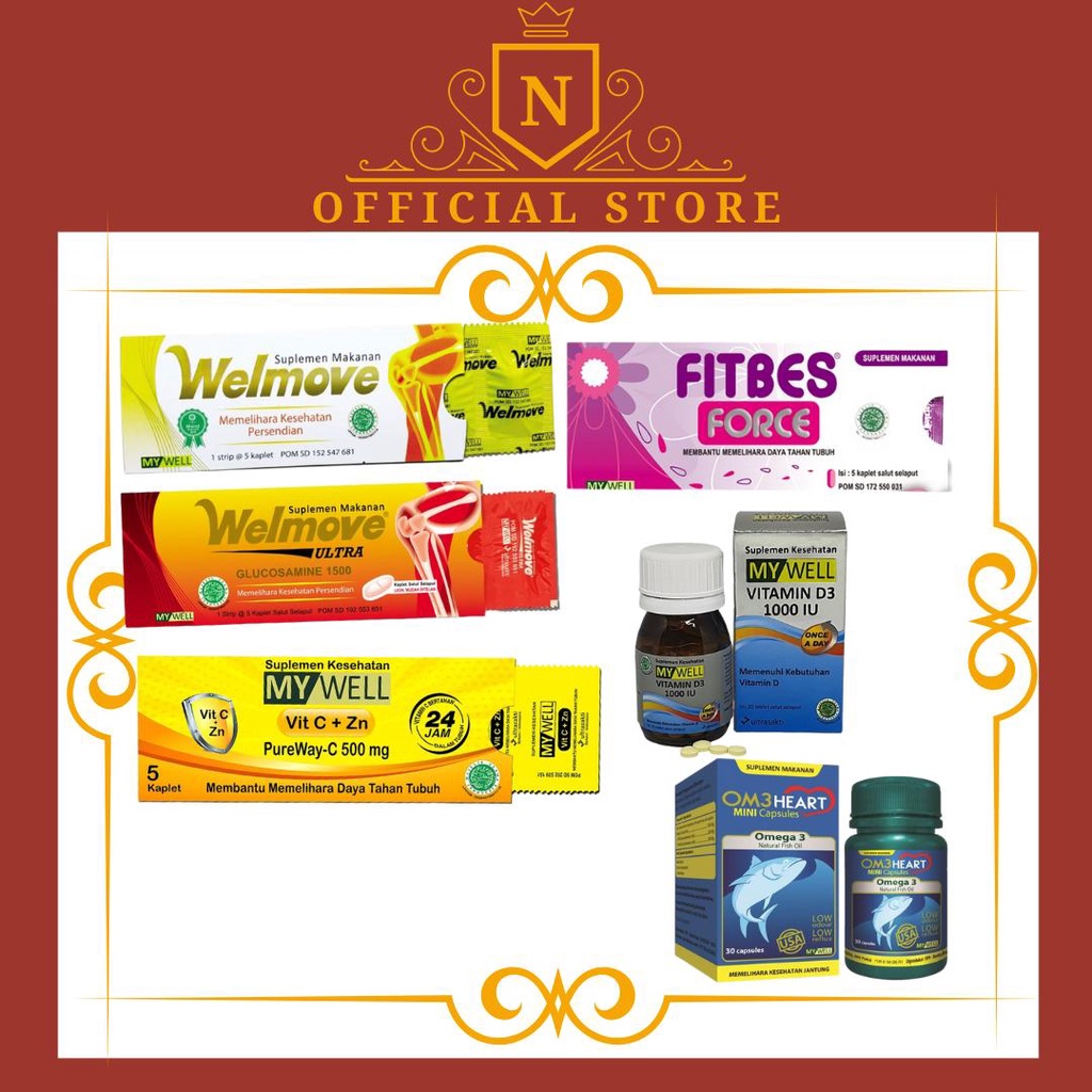 Mywell Vitamin C + Zn/Fitbes Force Kaplet/Vitamin D3 1000 IU/Om3heart Mini Capsules Omega -3/Welmove