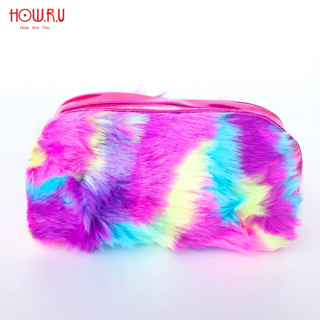 HOW.R.U | Pouch multifungsi Tempat Make Up / Alat Tulis / Dompet Bulu Lucu Rainbow