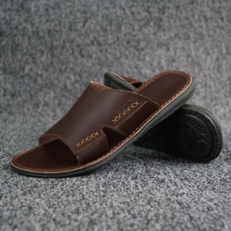 BRLN 001 Brown Sandal Pria Keren Kulit Asli Sendal Slide Casual Santai Main Original Full Leather