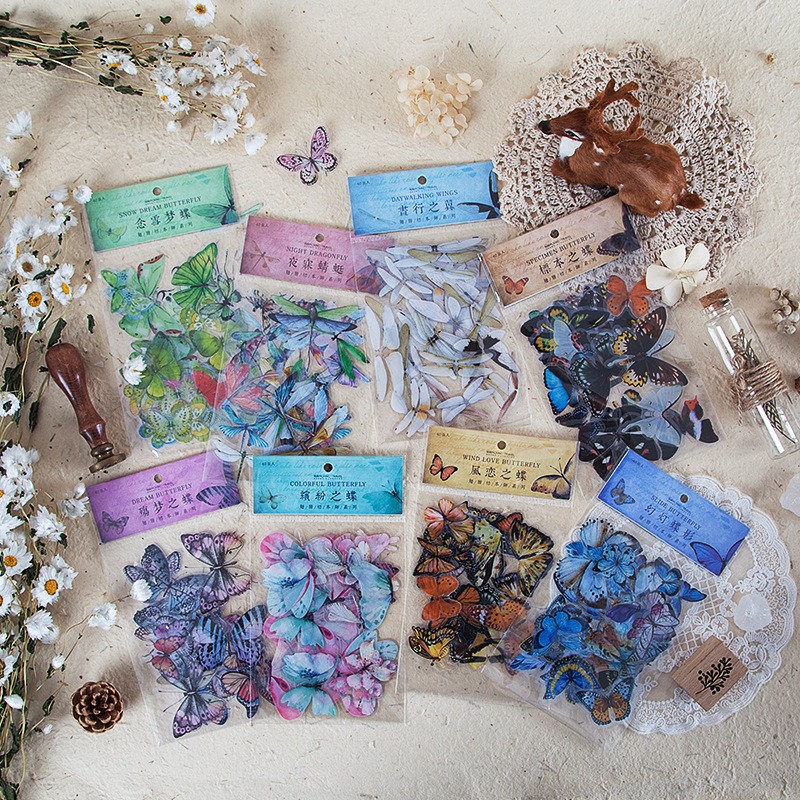 

40pcs Stiker Butterfly Dragonfly Specimen PET Waterproof Dekorasi Journal Scrapbook DIY