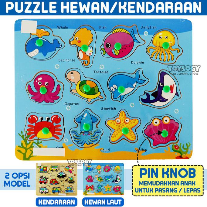 Mainan Edukasi Anak Puzzle Kayu Hewan Laut Kendaraan Mobil Pin Knob