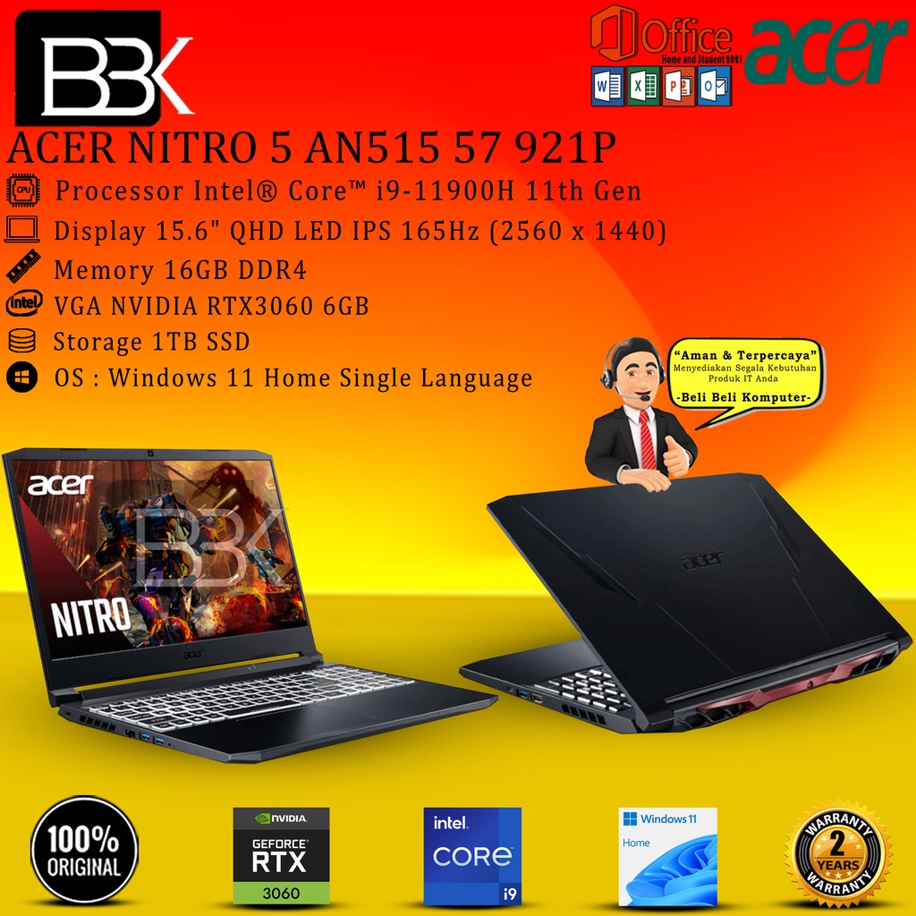 ACER NITRO 5 AN515 57 921P - I9 11900H 16GB 1TB RTX3060 6GB 15.6QHD