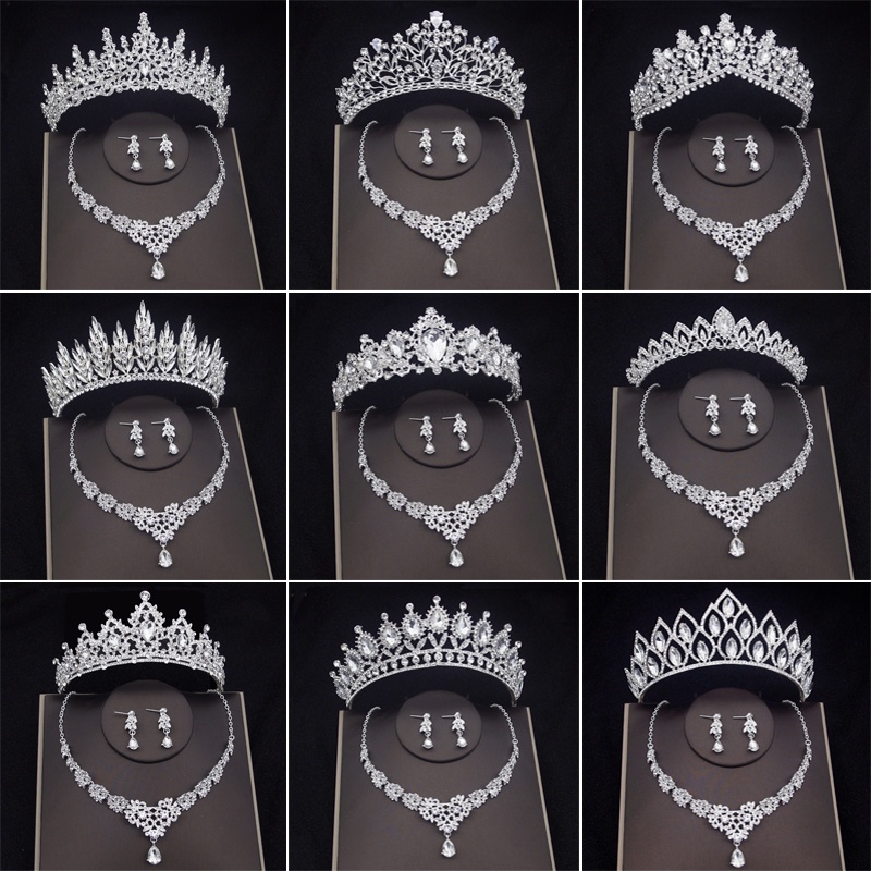 Set Perhiasan Kalung Anting Tiara Mahkota Kristal Untuk Pengantin Wanita