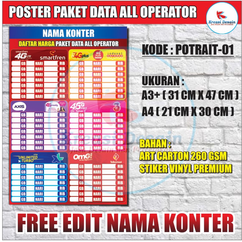 POSTER PAKET DATA ALL OPERATOR ( FREE edit NAMA KONTER )