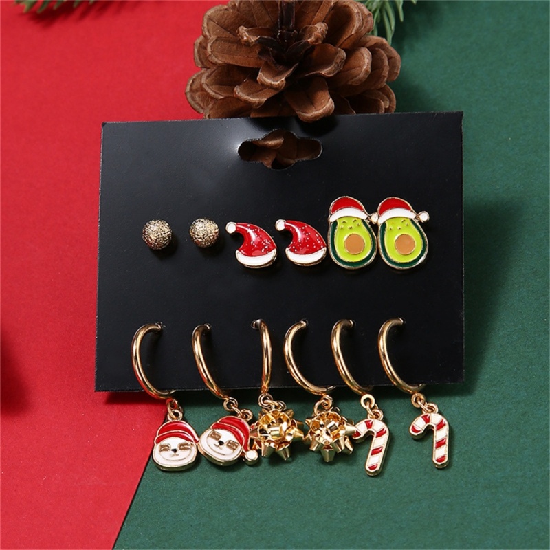 6 Pasang Anting Stud Desain Topi Santa Claus Snowman Untuk Perhiasan