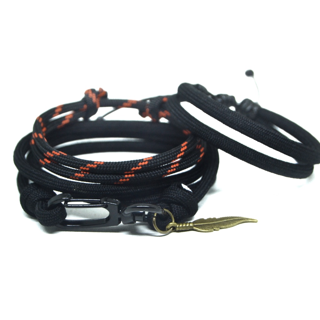 Gelang Set Pria Keren Paracord Jangkar Hitam Orange Charm Feathers