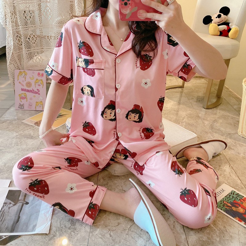 BAJU TIDUR PIYAMA SET KEMEJA CP LENGAN PENDEK CELANA PANJANG IMPORT PREMIUM BANYAK MOTIF PART 2-Strawberry Girl