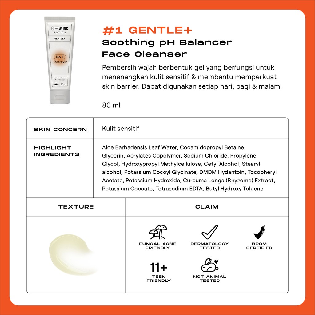 GLOWINC POTION GENTLE+ Soothing Balancer Face Cleanser Toner Serum Moisturizer - Kulit Sensitif