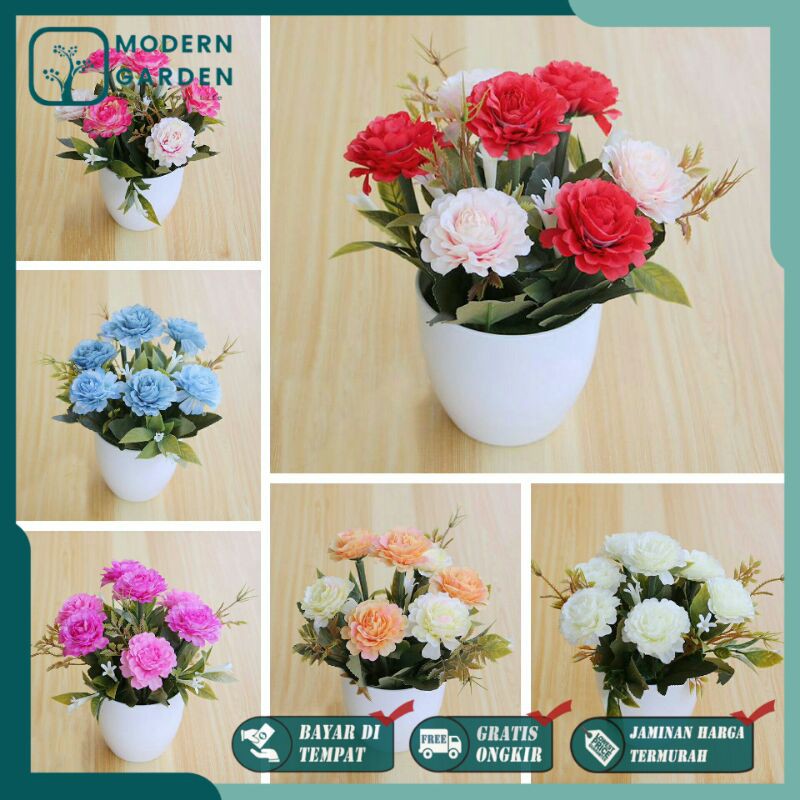 Bunga Mawar Peony Dekorasi BP8838 Bahan Plastik Free Pot Busa Bulat