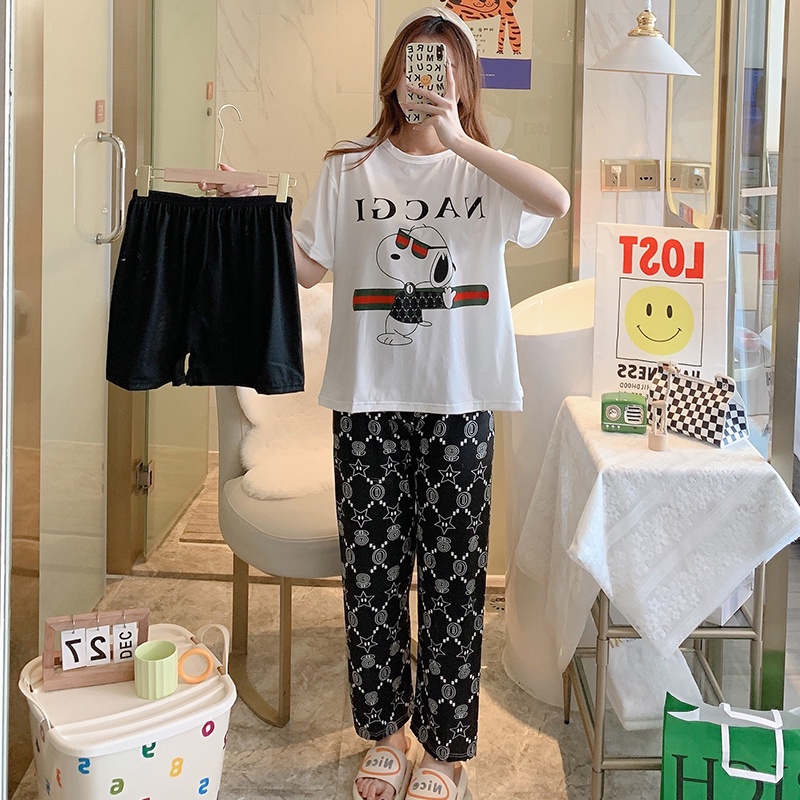 AJW Shop Piyama 3in1 | Piyama Import Dewasa | Setelan Wanita Kekinian | Baju Tidur Wanita Dewasa-Snoop White