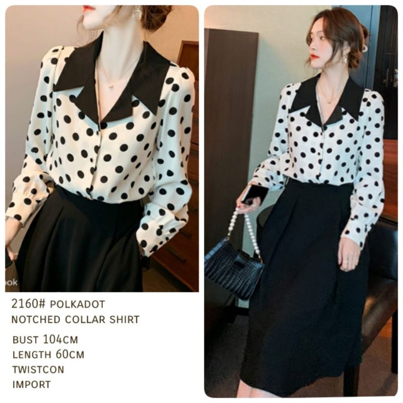 MDLV - 2160# Polkadot Notched Collar Shirt Blouse Polkadot Atasan Polkadot Lengan Panjang Fashion Import