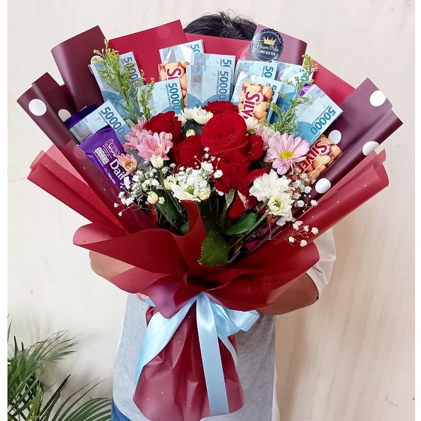 flower medan bouquet snack uang mawar segar kado wisuda hadiah anniversary