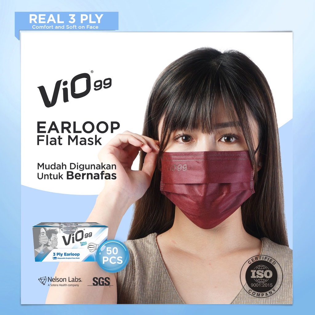 VIO Mask '50S 4 ply Earloop Maroon - Masker Vio 3 Ply Isi 50 Masker Kesehatan Kualitas Premium Lulus Uji Bfe Pfe Vfe