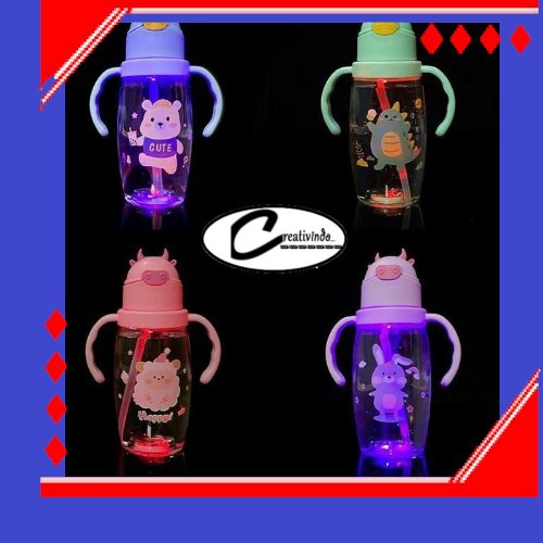 Botol Minum Anak - Botol Minum LED Anak Motif Sapi Dengan Lampu Led Karakter 550 ML 2 in 1 Tali dan Gagang - Botol B889