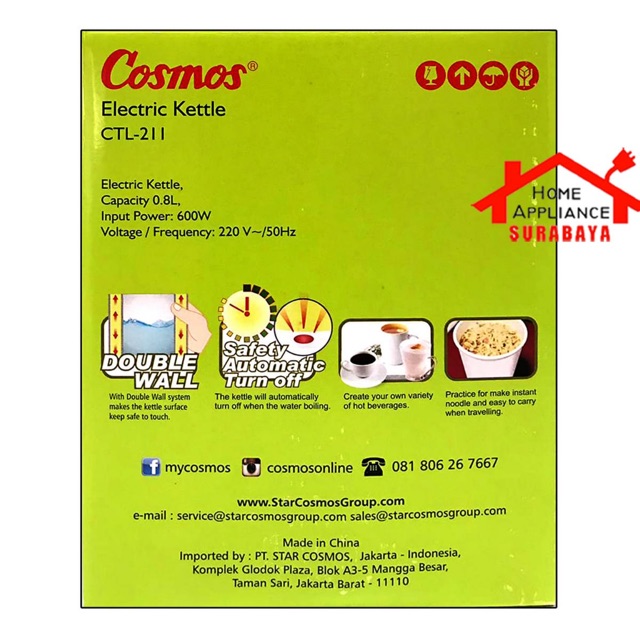 Kettle / Teko / Ceret Elektrik Listrik Cosmos CTL-211 / CTL 211 / CTL211 Kapasitas 0.8 Liter