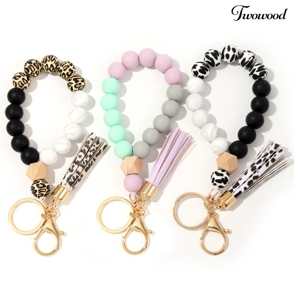 Twowood Bracelet Keyring Decorative Stretchy Beaded Portable Bangle Wristlet Keychains for Women