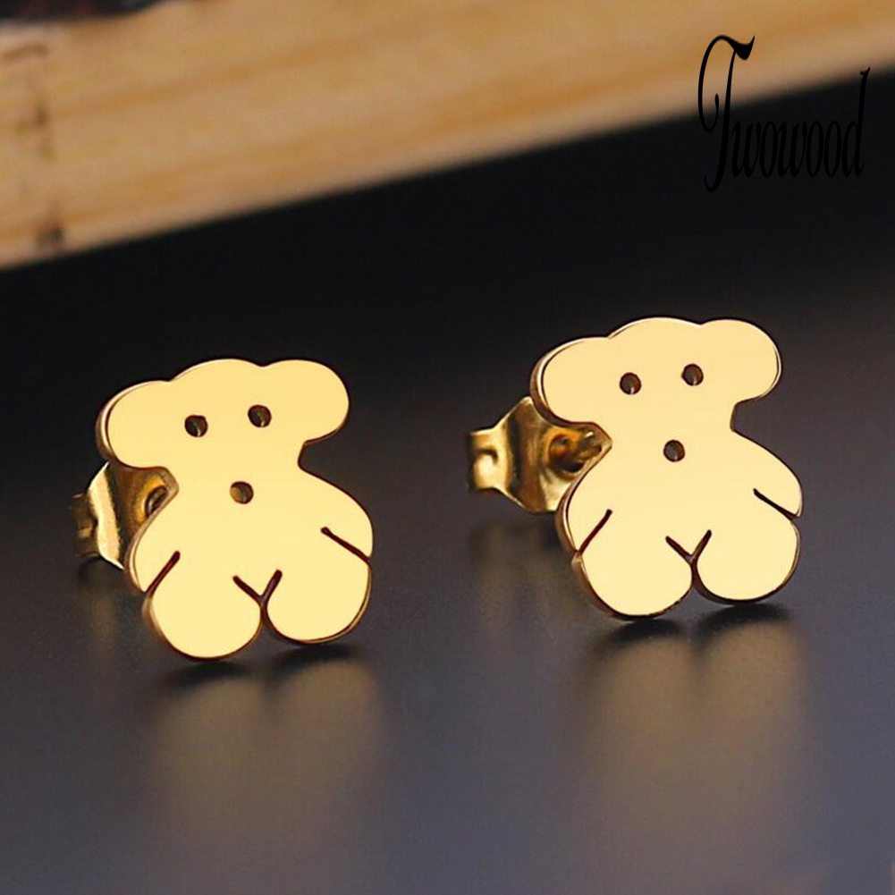 Anting Stud Bentuk Kartun Beruang Bahan Stainless Steel Untuk Wanita