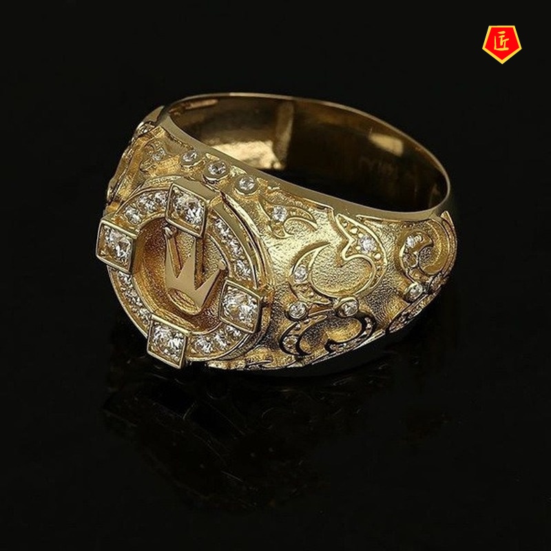 [Ready Stock]18K Gold Crown Ring Vintage Engraving Full Diamond