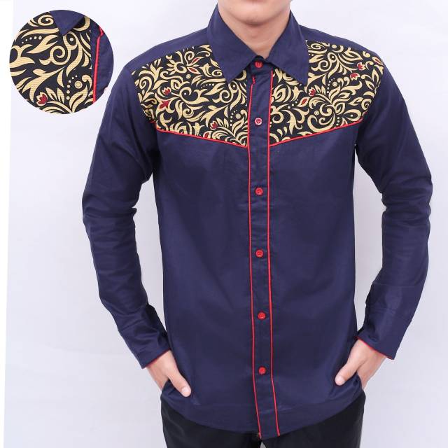 TOTOTAsshop.Kemeja pria KAIROS slimfit bahan katun stretch kombinasi batik kilap premium