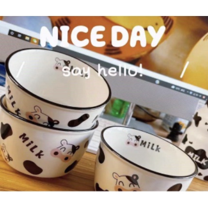 BOWL MANGKOK KERAMIK MOTIF SAPI MILK UKURAN KECIL