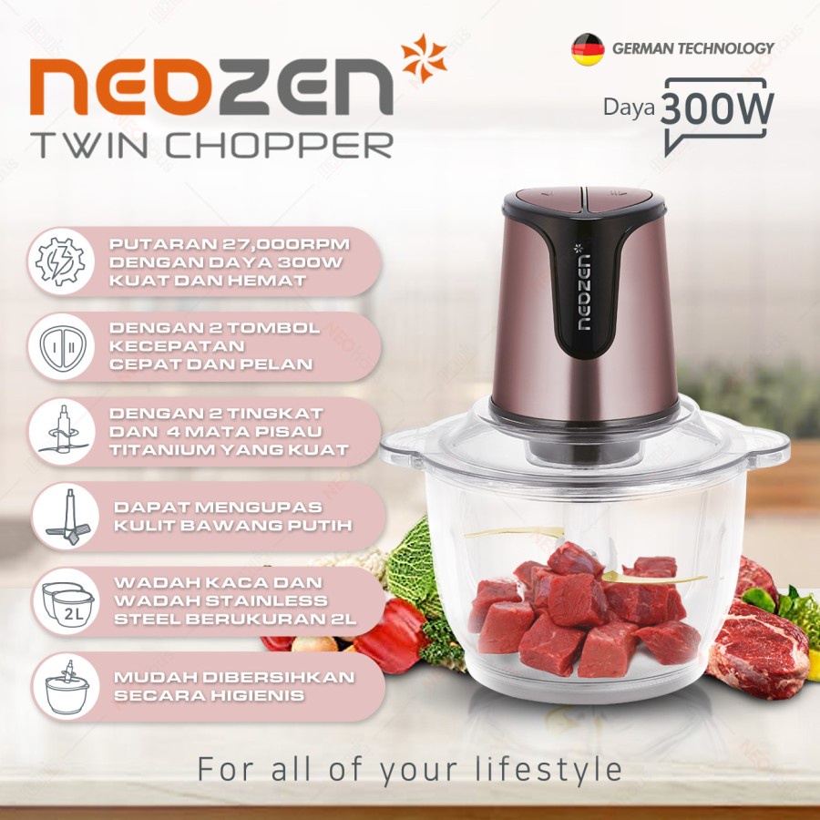 Neozen Electric Twin Chopper Penggiling 300 W Pengupas Kulit Bawang