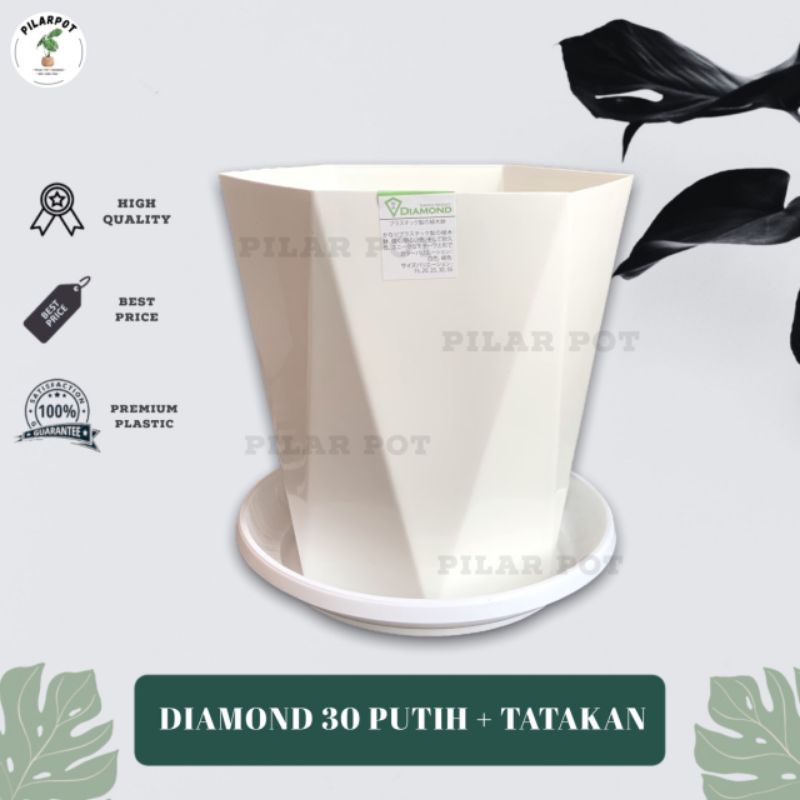 POT BUNGA TANAMAN TINGGI TABITHA DIAMOND 30 PUTIH + TATAKAN PUTIH