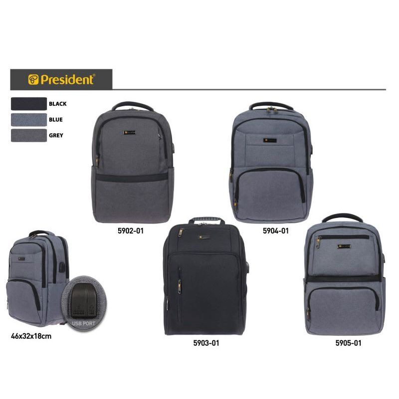 Tas ransel president bahan kain kanvas ORI - USB PORT