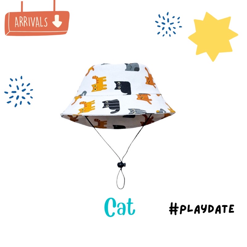 Bucket Hat Anak Laki Laki Perempuan Topi Rimba Dengan Tali Topi Piknik Anak Kupluk Anak Bayi Aksesoris Kepala Anak Laki Laki Perempuan-Cat With Tali