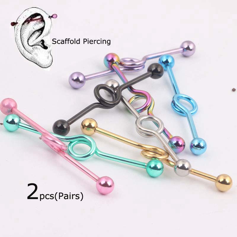 2pcs Round Shape Industrial Earrings Barbell 14G Unisex 38mm Length