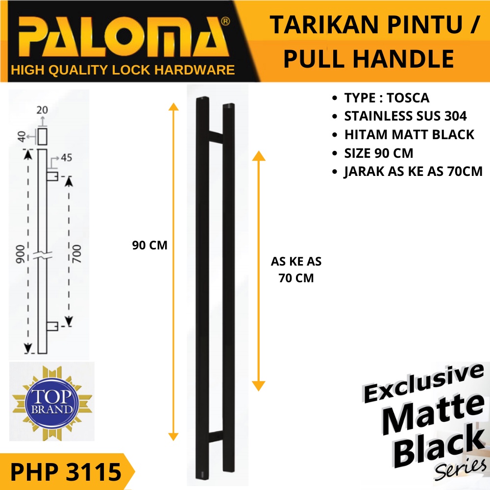 PALOMA PHP 3115 PULL HANDLE TOSCA TARIKAN GAGANG PINTU 900MM HITAM BLACK MATT 90 CM KOTAK