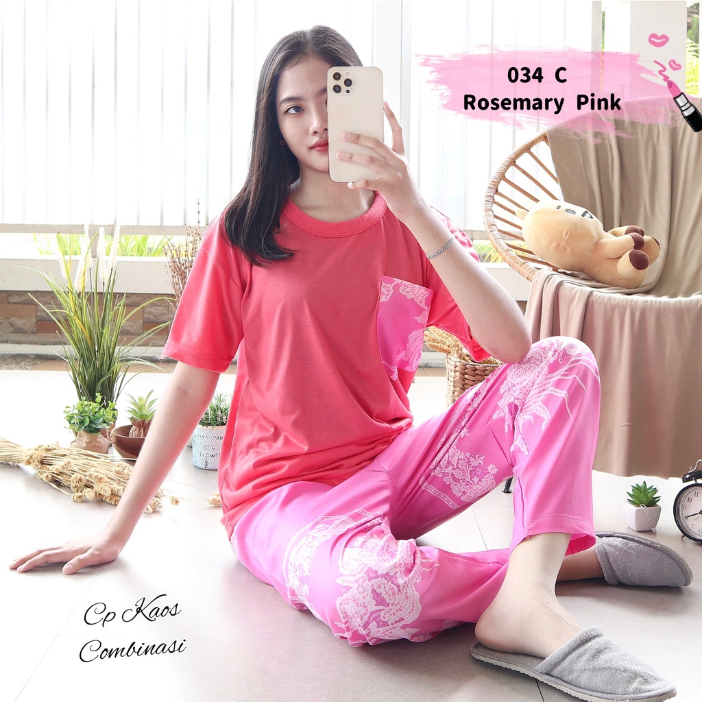 IZANY Piyama Dewasa CP Oblong Kaos Celana Panjang Rayon Fit to XL-034 ROSEMARY PINK