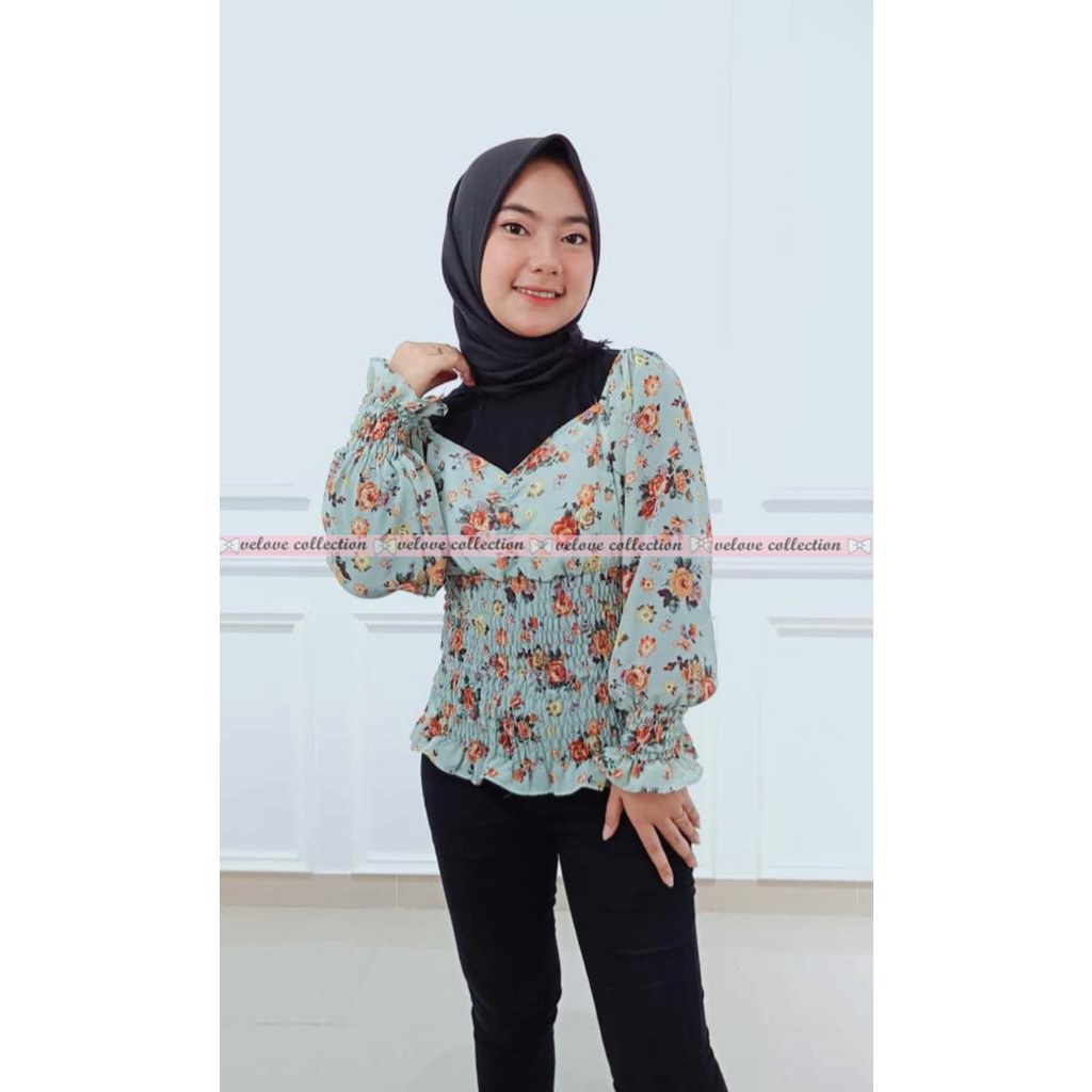 KALANTHA FASHION Chic Chiffon Top Vintage Blouse Wanita Motif Bunga Korean Style-8