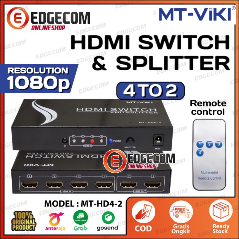 HDMI Switch and Splitter 4 Input to 2 Output With IR Remote