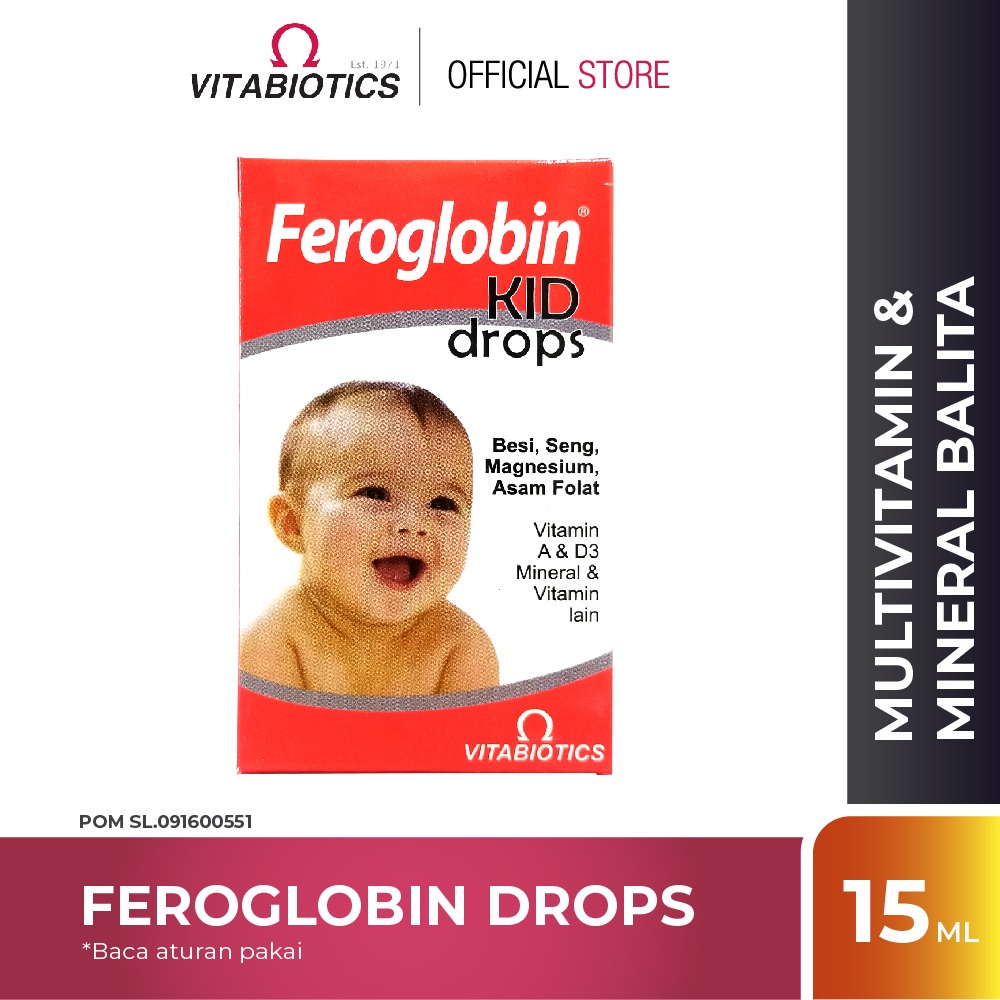 Vitabiotics Feroglobin Kid Drops 1 Box @15 ml Besi, Seng, Magnesium, Asam Folat - Membantu Memenuhi 