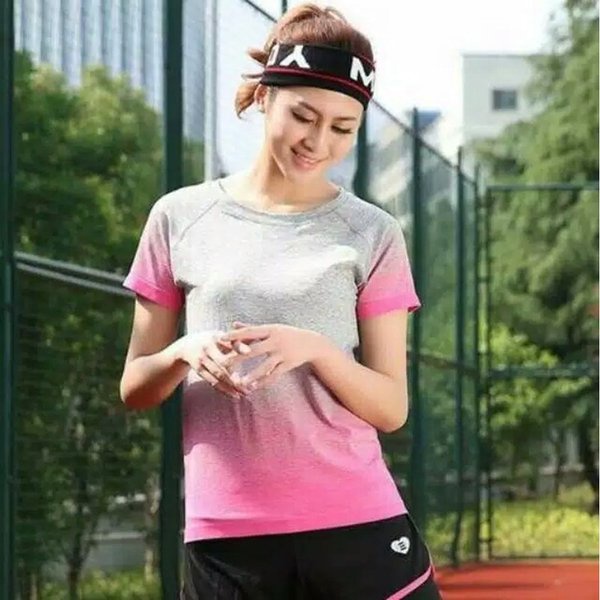 [Hanya Kaos] Kaos Olahraga Wanita Sport Salur Tangan Pendek TM18 / Baju Olahraga Cewek Import Quality Sport Tshirt Wanita Kaos Senam Atasan Olahraga