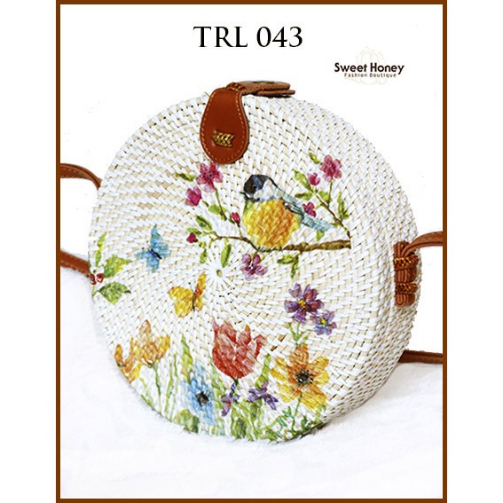 Sweet Honey ~ Grosir Tas Rotan Bulat Murah 20cm  Lukis Deco Burung TRL043 [Bisa COD Bayar di tempat]