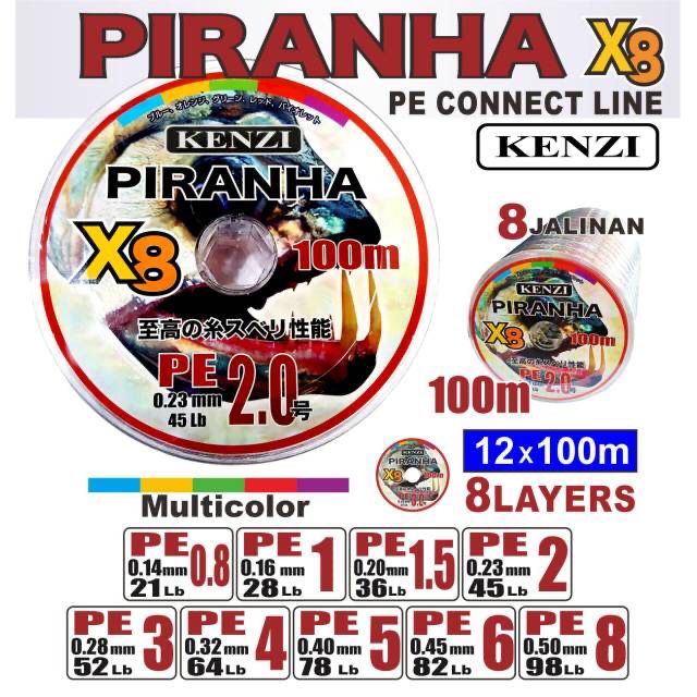 BENANG PE KENZI Piranha X8 MULTI COLOR SIZE 0.8/1.0/1.5/2.0/3.0/4.0/5.0/6.0/8.0