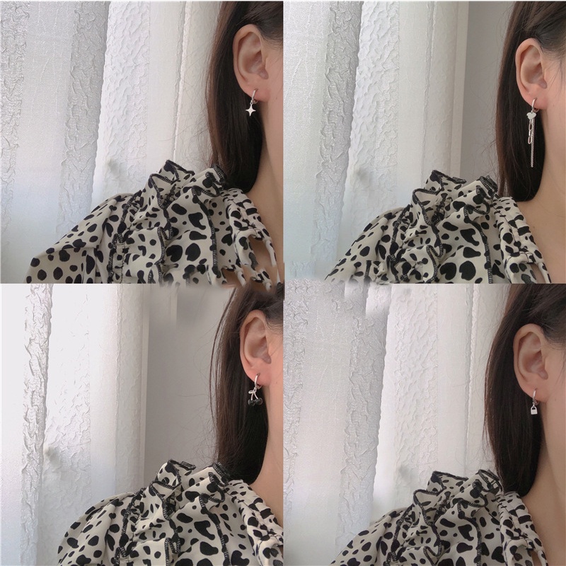 Roselife Korea 3 /4/6 Pcs Set Hitam Hati Liontin Rumbai Rantai Menjuntai Anting-Anting Untuk Wanita Perempuan Keren Manis Anting-Anting Perhiasan